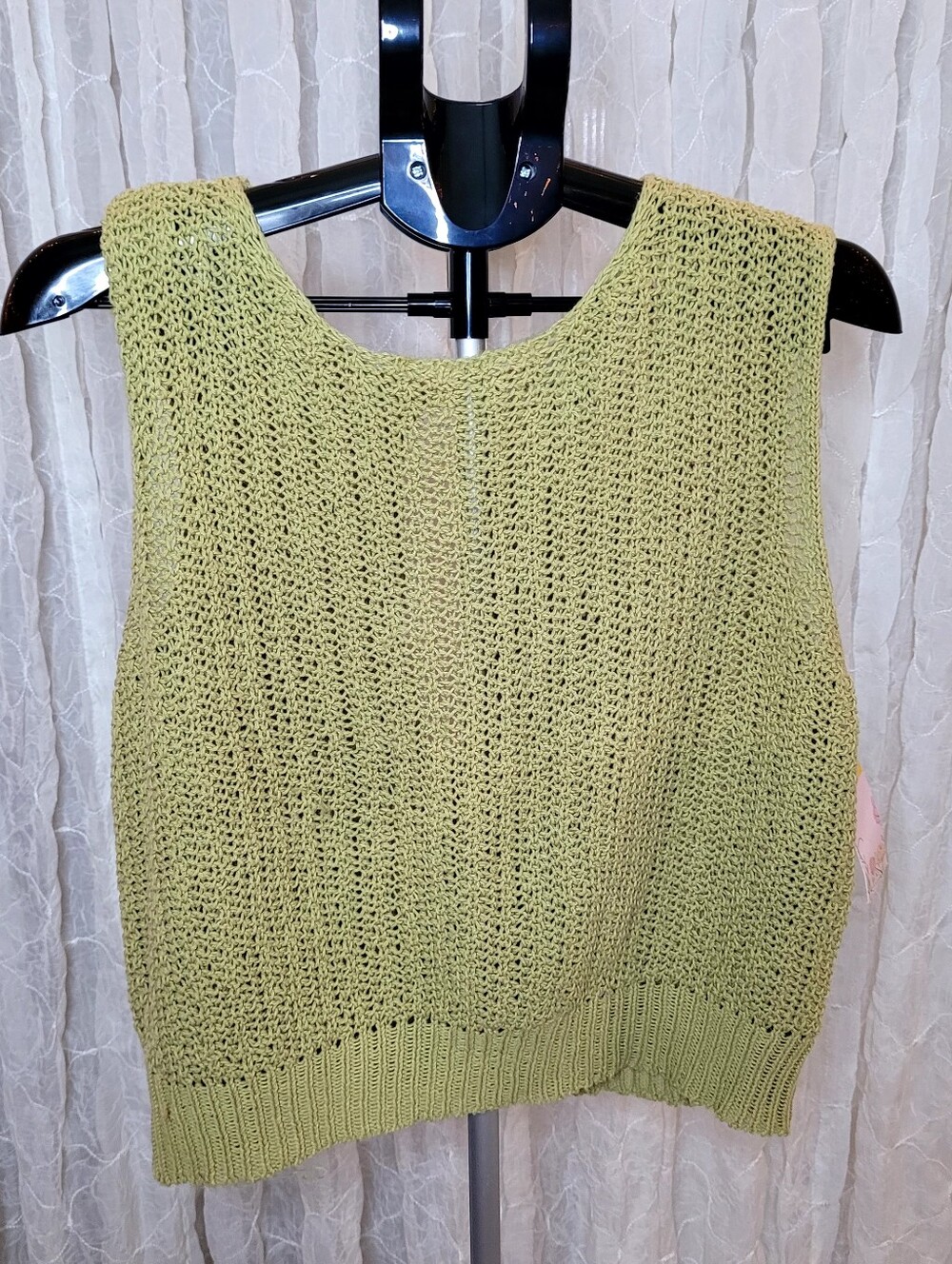 Neutral Ground Sage Green Crochet Open Knit Keyhole Sweater Vest 100% Cotton L
